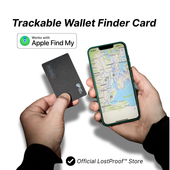 Trackable wallet finder card with smartphone showing map app on a white background
