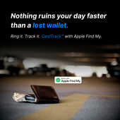 Lost wallet on the ground with text about CardTrack and Apple Find My.