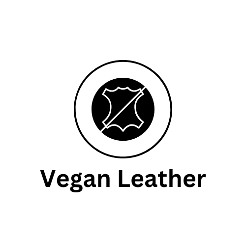 A black and white icon featuring a crossed-out leather hide symbol inside a circular border, representing synthetic or cruelty-free material. Below the icon, the text 'Vegan Leather' indicates that the product is made from animal-free, eco-friendly materials.