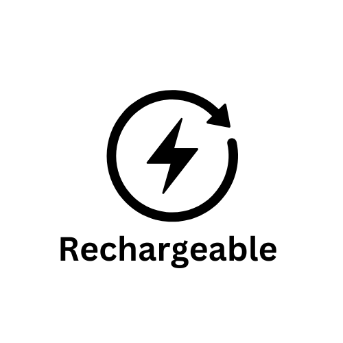 A black and white icon featuring a circular arrow surrounding a lightning bolt, symbolizing energy renewal. Below the icon, the text 'Rechargeable' indicates that the product is designed for repeated charging and reuse.