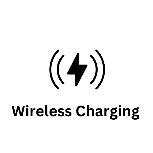 A black and white icon featuring a lightning bolt with curved lines on both sides, symbolizing wireless power transfer. Below the icon, the text 'Wireless Charging' indicates that the product supports wireless charging functionality.