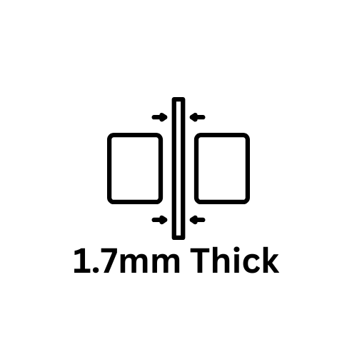 A black and white icon illustrating a thin structure with arrows pointing inward from both sides, representing a slim design. Below the icon, the text '1.7mm Thick' highlights the product's ultra-thin profile.