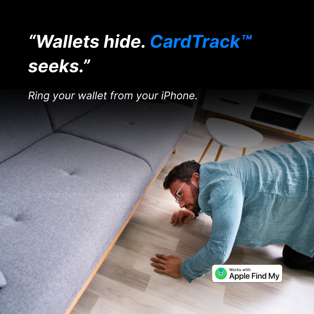 Person searching for a wallet on the floor with 'CardTrack' advertisement text.