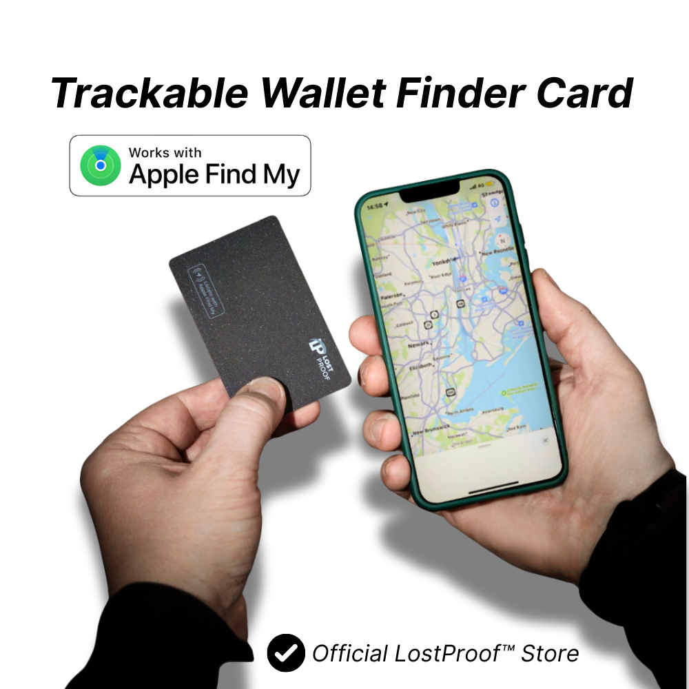 Trackable wallet finder card with smartphone showing map app on a white background