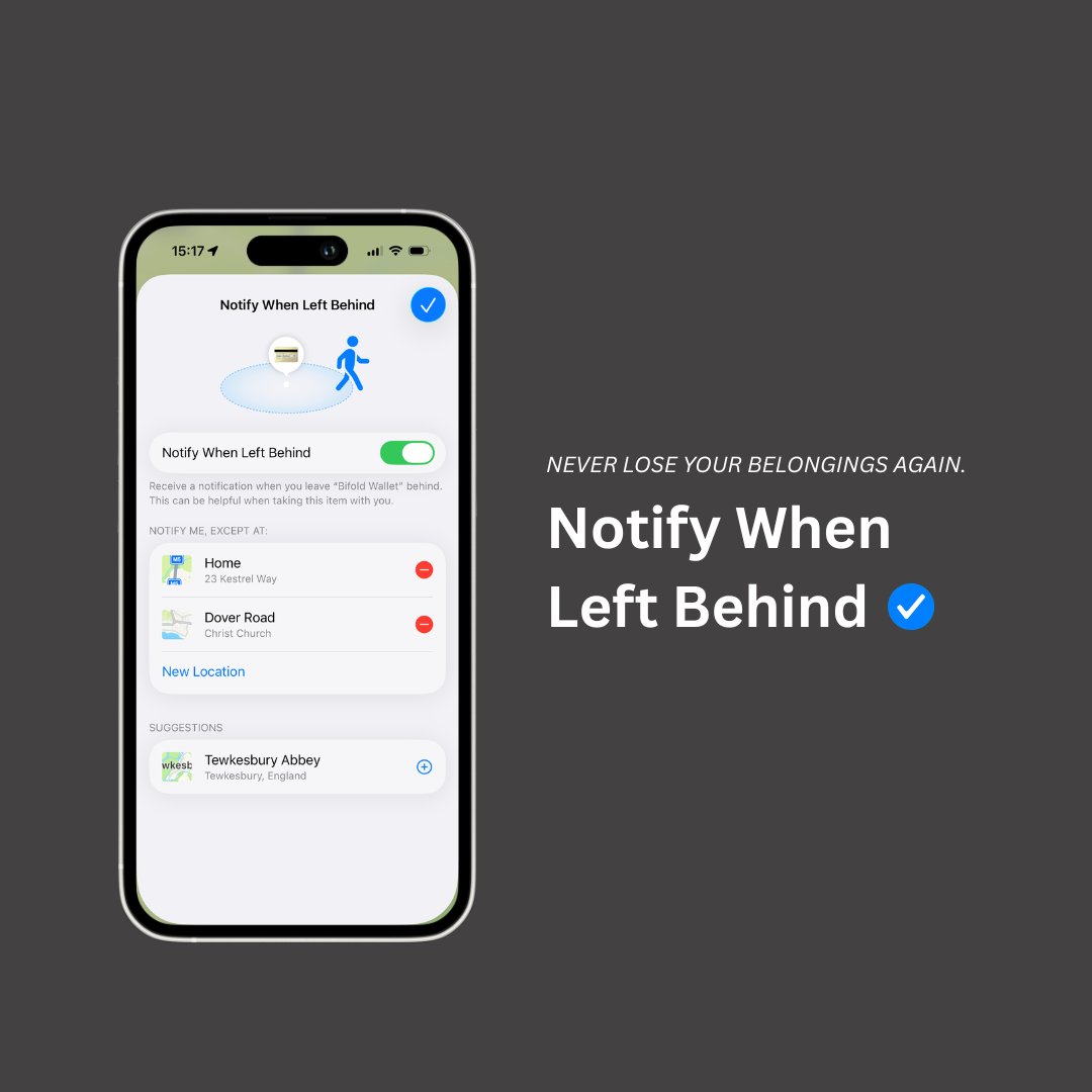 Phone screen displaying app feature to notify when left behind with a dark gray background. LostProof ultimate wallet finder tracker card.