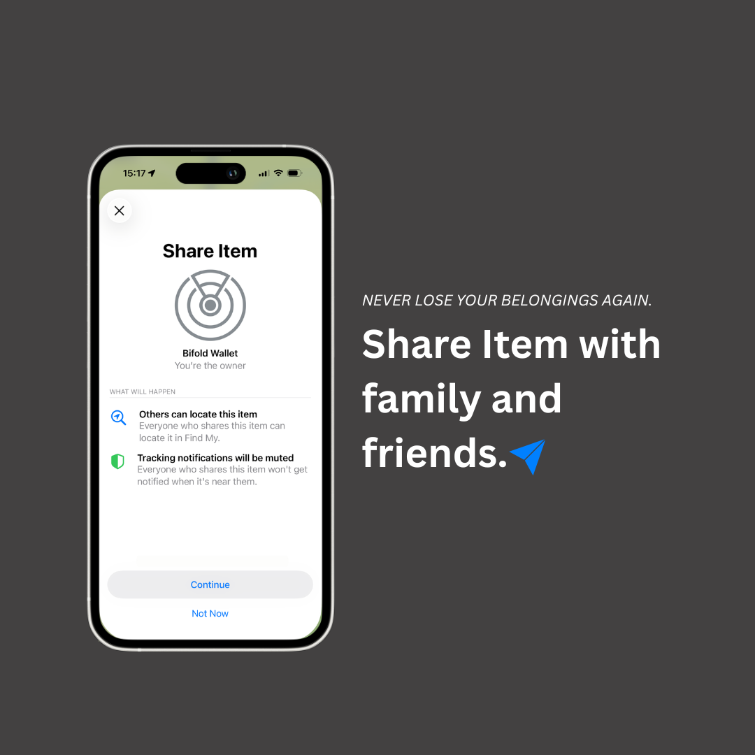 Phone screen showing FindMy app interface for sharing items with family and friends on a dark background. LostProof GPS tracked passport holder. 