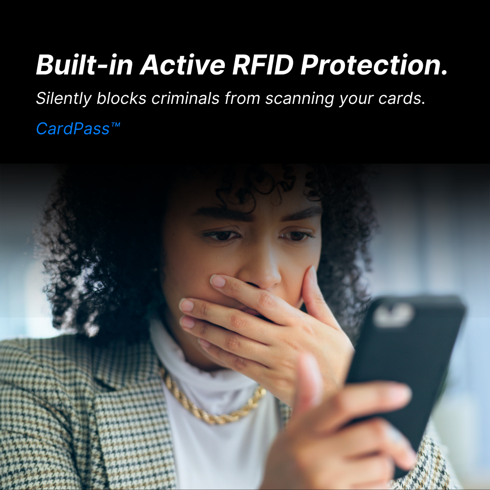 Person using a phone with text about built-in Active RFID protection and CardPass branding.