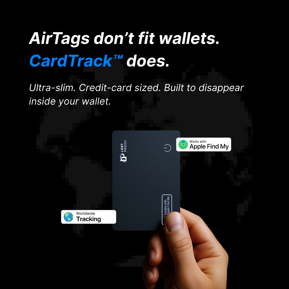 CardTrack tracker held in a hand with promotional text on a dark background