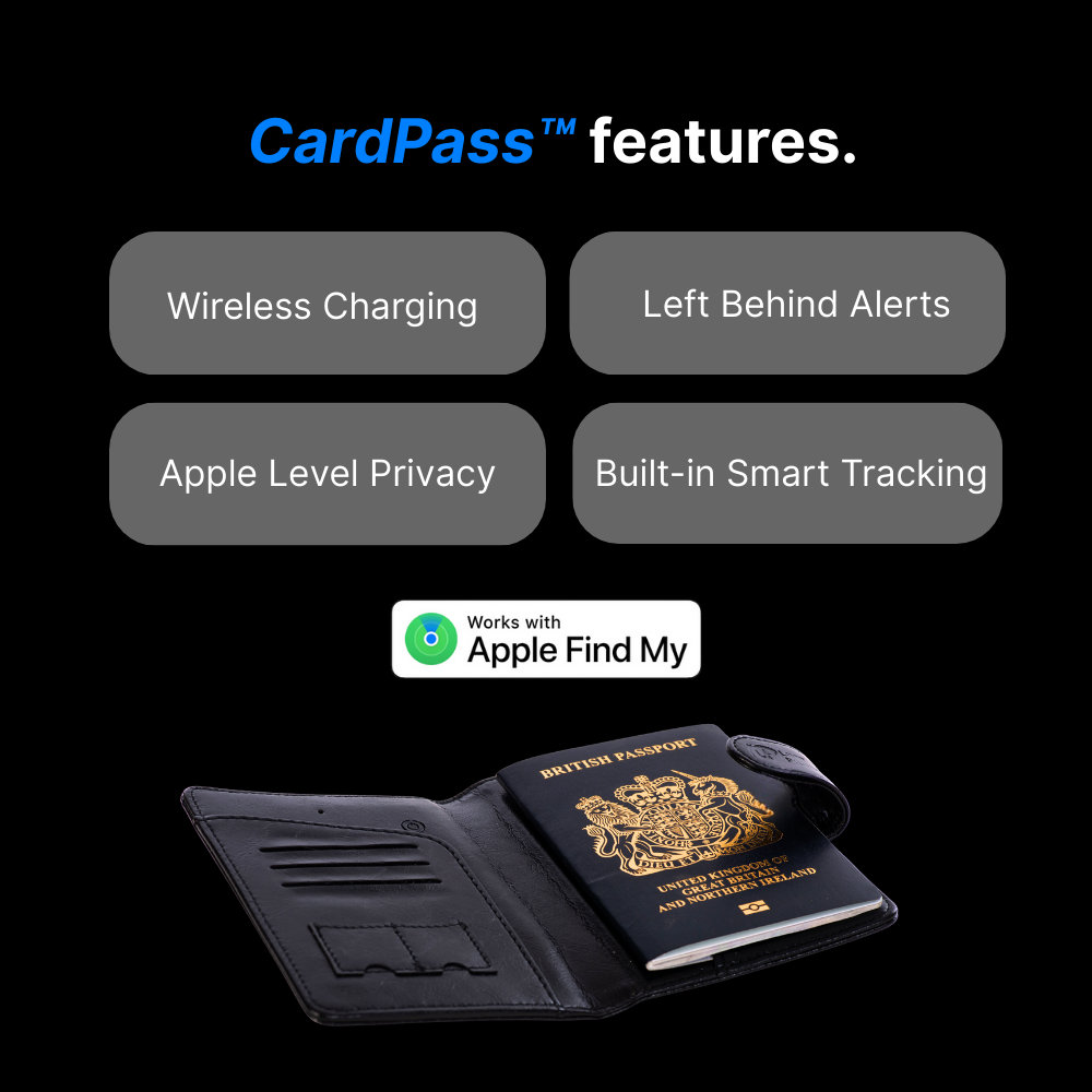 CardPass features with a passport in a case on a black background
