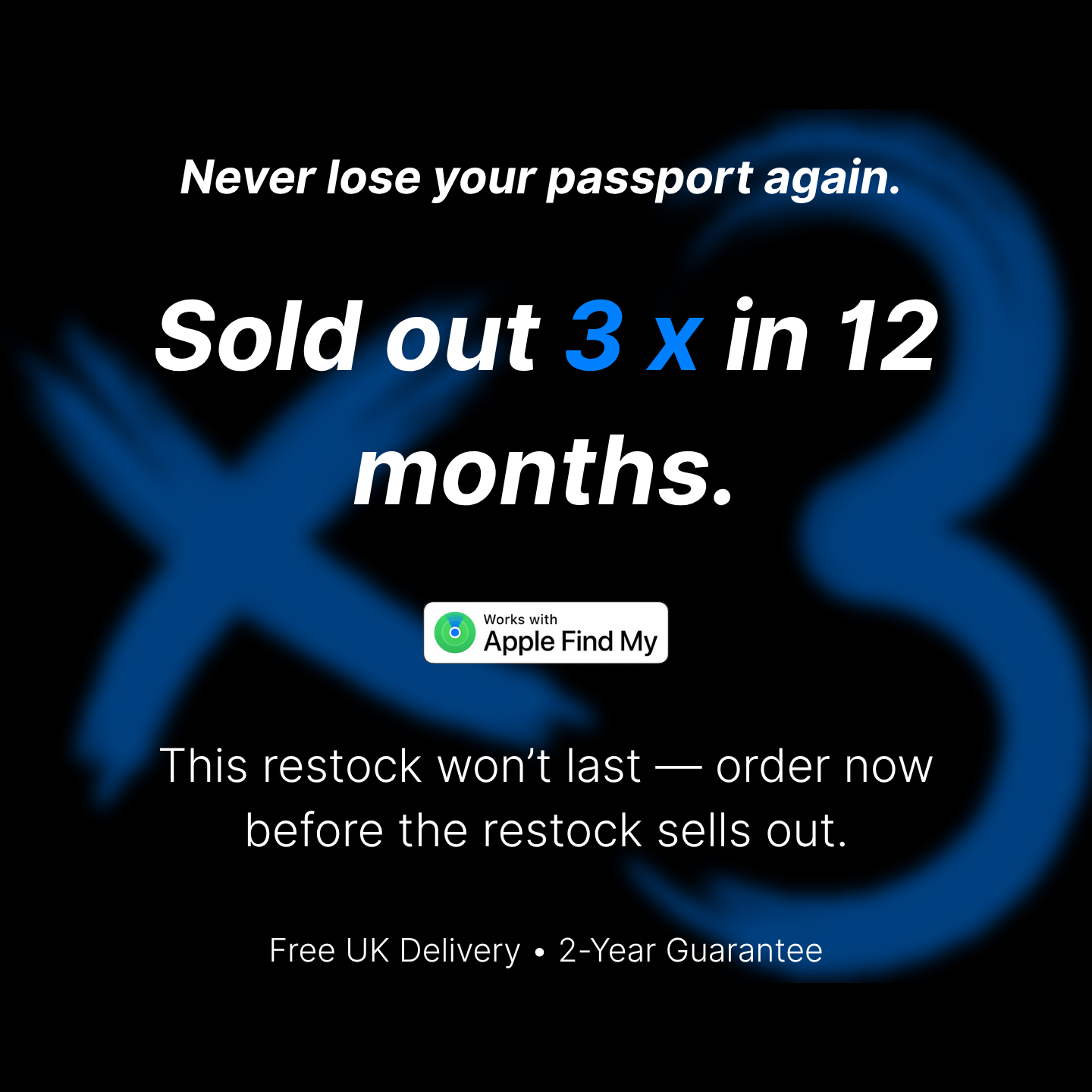 Advertisement for CardPass trackable passport holder with a blue 'x3' and text about selling out three times in one year & restocking availability on a black background.