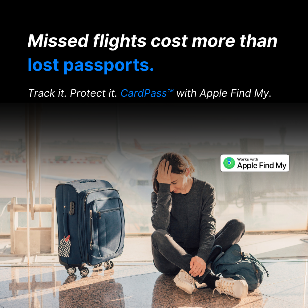 Person sitting on the floor with a suitcase, distressed, with text about missed flights and CardPass with Apple Find My.
