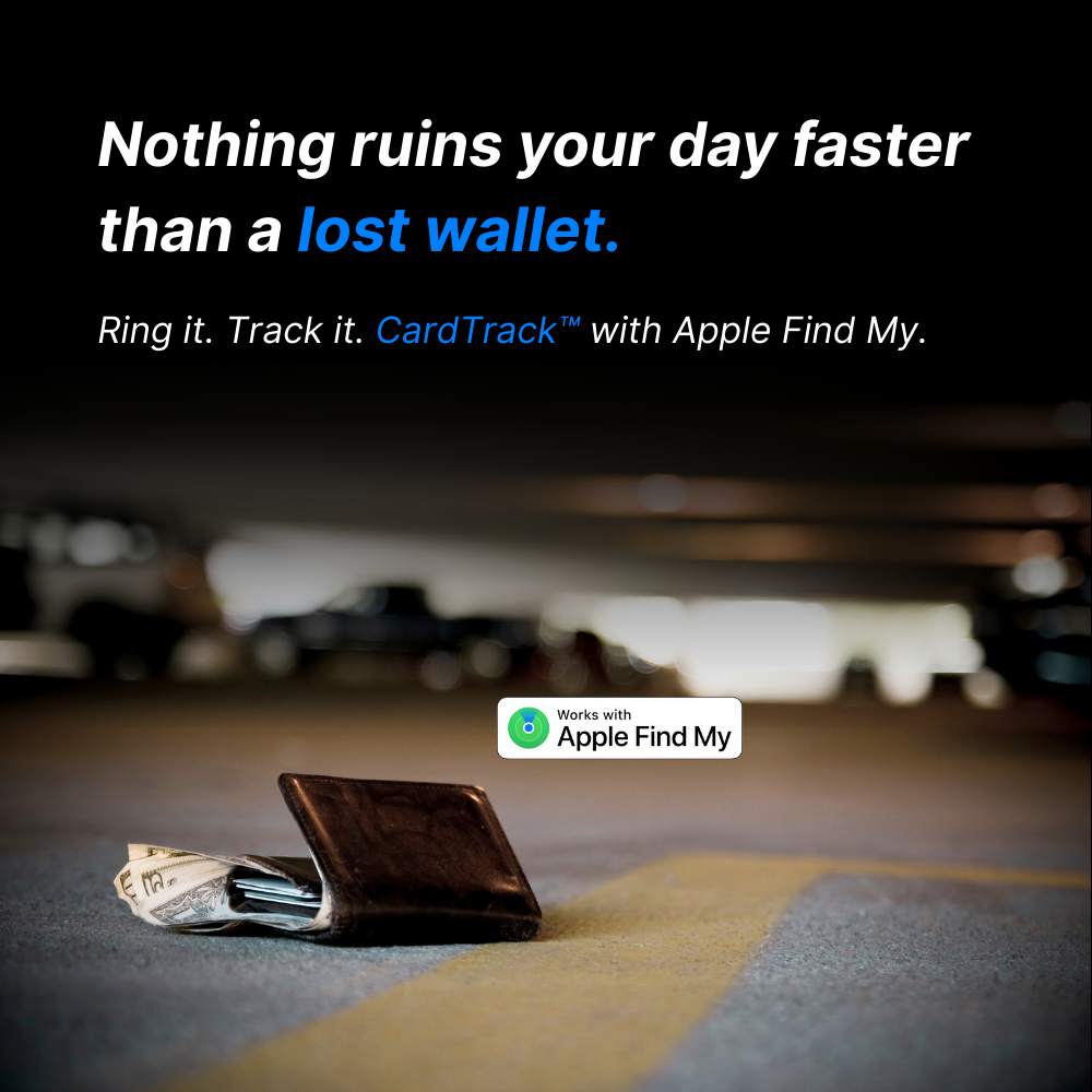 Lost wallet on the ground with text about CardTrack and Apple Find My.