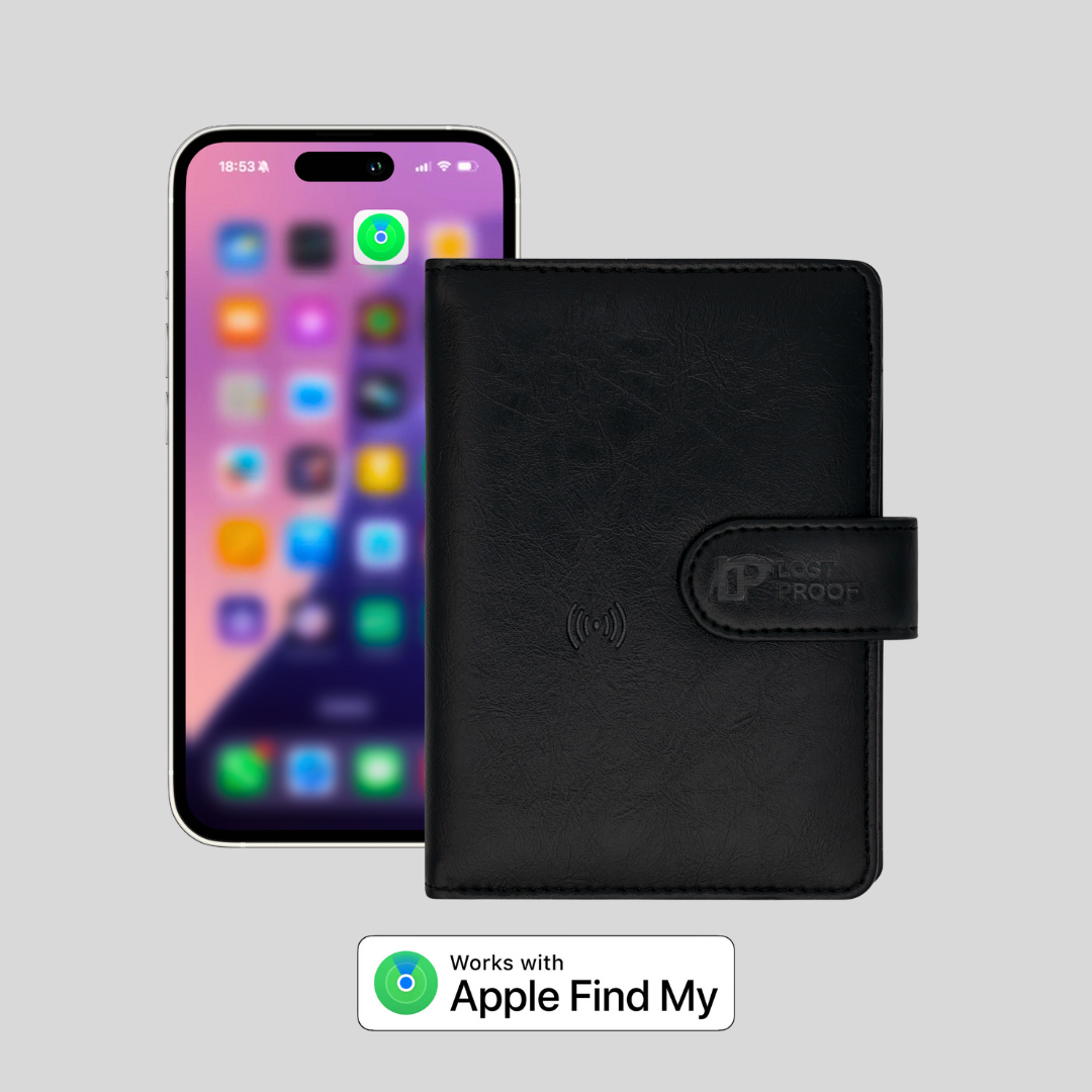 Black phone case with 'Works with Apple Find My' label next to a smartphone on a gray background