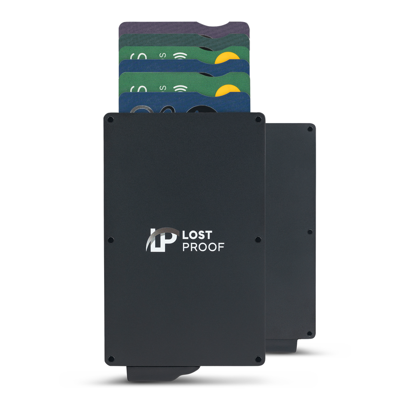 LostProof CardHold Mini – a compact, black RFID-blocking aluminum wallet shown from both front and back views. The front features the LostProof logo and a quick-access card ejector mechanism at the bottom, with several colorful credit cards partially ejected for organized storage. The back maintains a sleek, minimalist design, emphasizing the wallet’s durability and portability.