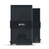 Front and back view of the LostProof CardHold Pro – a sleek, black RFID-blocking aluminum wallet with a slim, compact design. The front features a black elastic strap with a LostProof-branded metal plate for securing cash or extra cards, while the back showcases the smooth aluminum finish. The wallet includes a quick-access card ejector mechanism at the bottom for added convenience and security.
