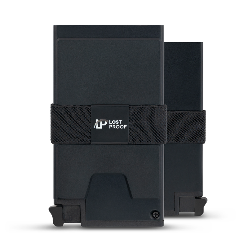 Front and back view of the LostProof CardHold Pro – a sleek, black RFID-blocking aluminum wallet with a slim, compact design. The front features a black elastic strap with a LostProof-branded metal plate for securing cash or extra cards, while the back showcases the smooth aluminum finish. The wallet includes a quick-access card ejector mechanism at the bottom for added convenience and security.