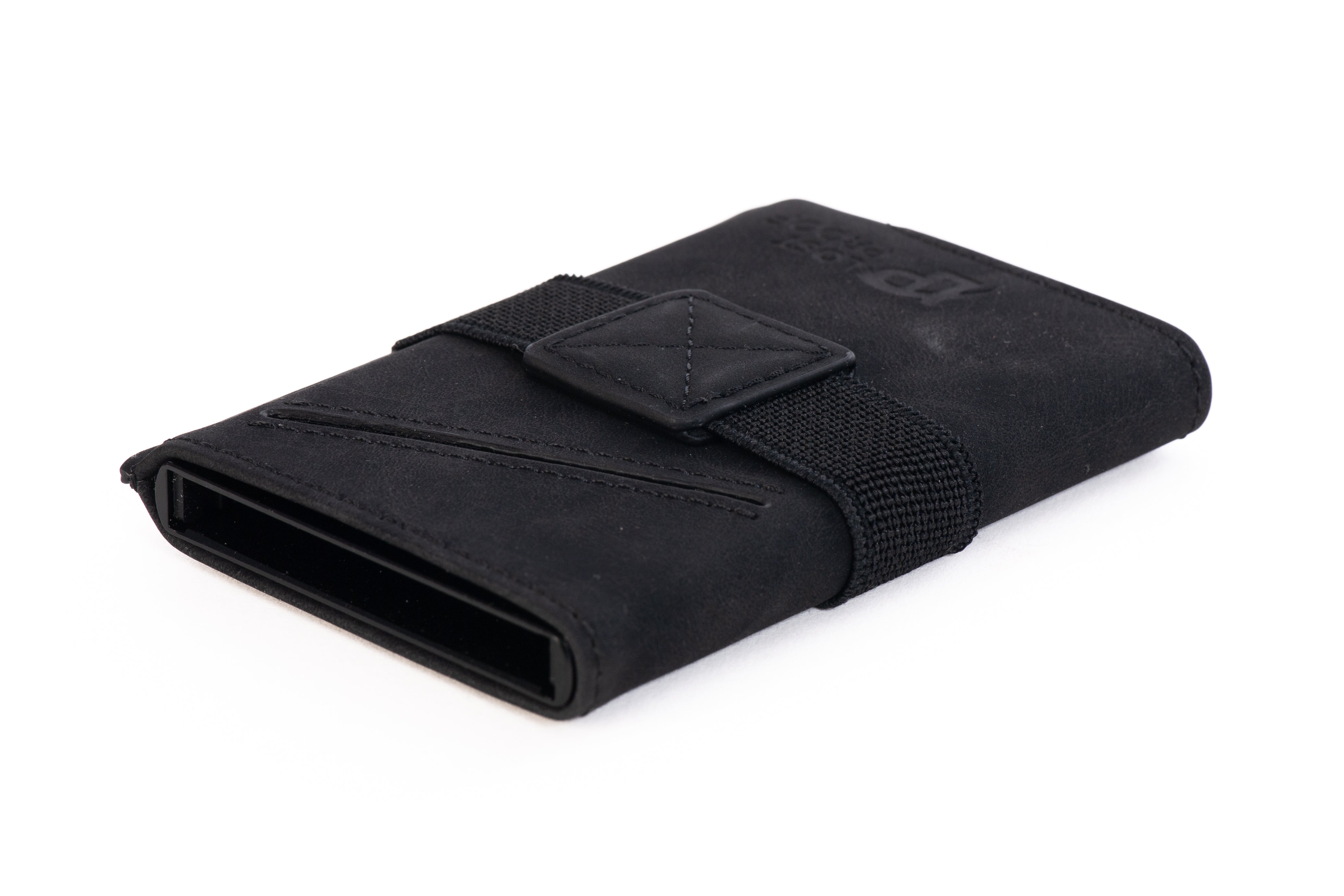 LostProof CardHold Luxe – a premium black RFID-blocking wallet with a soft leather-textured finish. The wallet features an elastic strap with a reinforced leather patch for securing cash or additional cards. The diagonal stitching adds a stylish touch, while the open bottom slot highlights its quick-access card ejector mechanism. The LostProof logo is subtly embossed on the front for a sleek and sophisticated look.