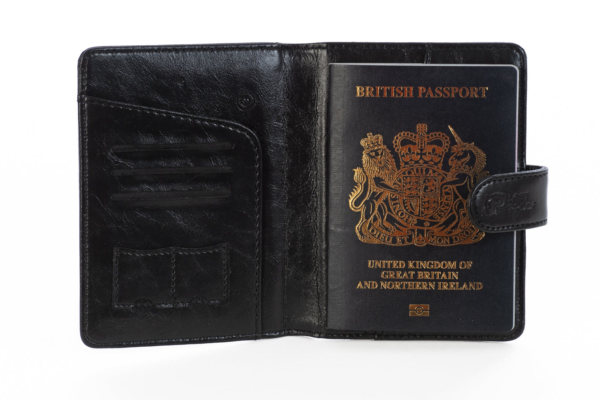 Open view of the LostProof CardPass, a black leather GPS-tracked passport holder. Inside, a British passport is securely held in place on the right side, with a snap-button closure strap embossed with the LostProof logo. The left side features multiple card slots and additional storage compartments, designed for organizing travel essentials.