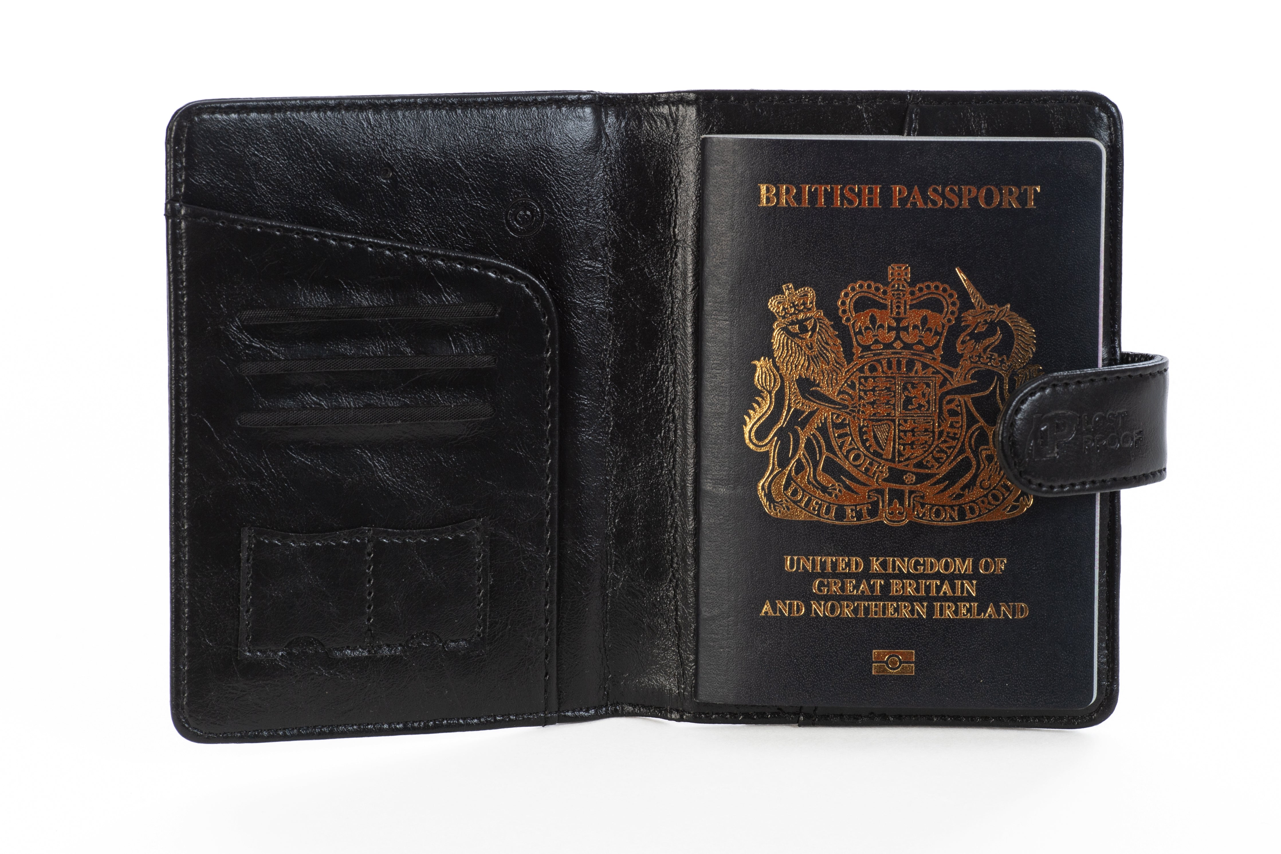 Open view of the LostProof CardPass, a black leather GPS-tracked passport holder. Inside, a British passport is securely held in place on the right side, with a snap-button closure strap embossed with the LostProof logo. The left side features multiple card slots and additional storage compartments, designed for organizing travel essentials.