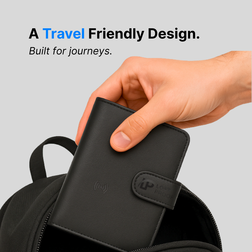 Hand holding a black travel wallet with a backpack on a gray background, featuring text 'A Travel Friendly Design. Built for journeys.