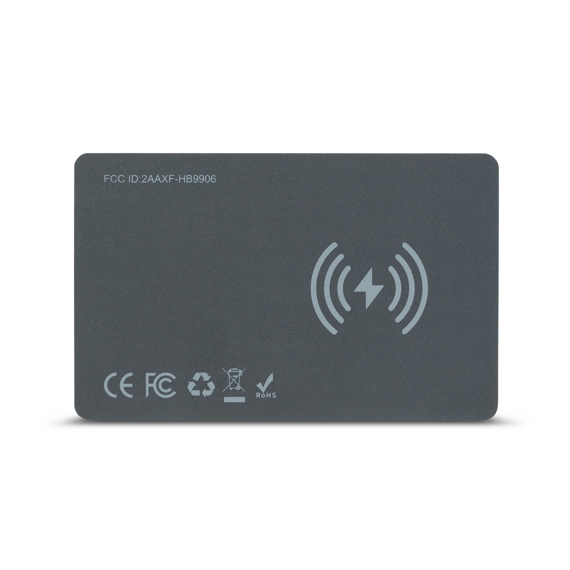 Back view of the LostProof CardTrack GPS tracker, displaying a wireless charging symbol, FCC ID, and certification icons for safety and compliance.