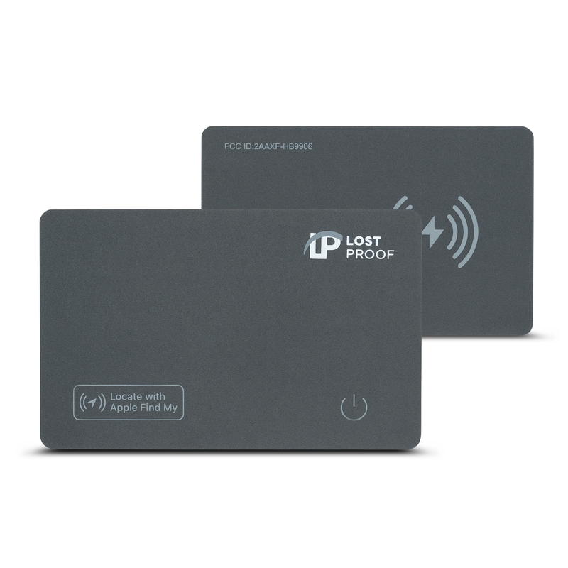 Front and back view of the LostProof CardTrack GPS tracker, featuring a slim black design, Apple Find My compatibility, a power button, and a wireless charging symbol.