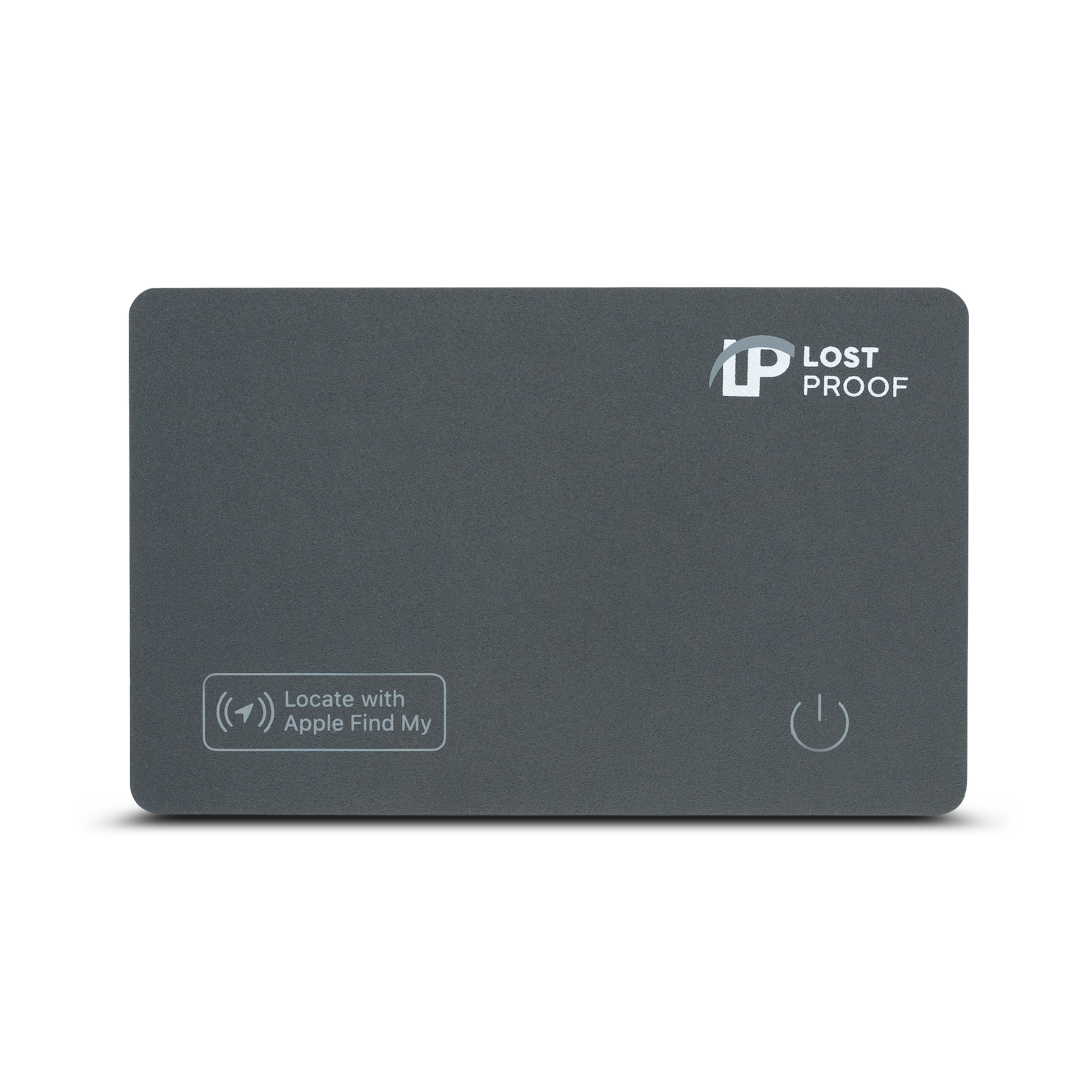 LostProof CardTrack – a slim, black GPS wallet tracker with Apple Find My compatibility. Features a power button and LostProof logo on the front.
