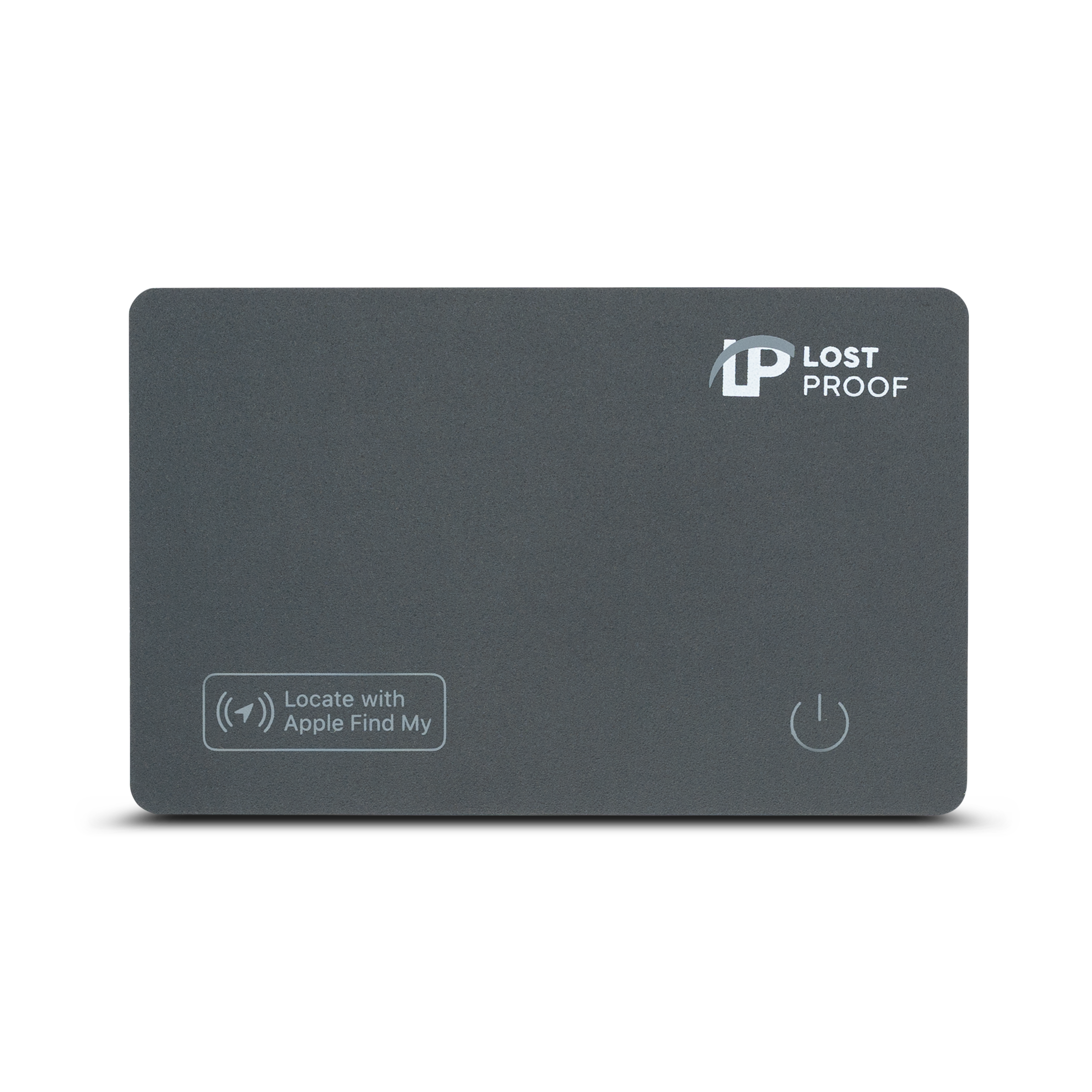 LostProof CardTrack – a slim, black GPS wallet tracker with Apple Find My compatibility. Features a power button and LostProof logo on the front.