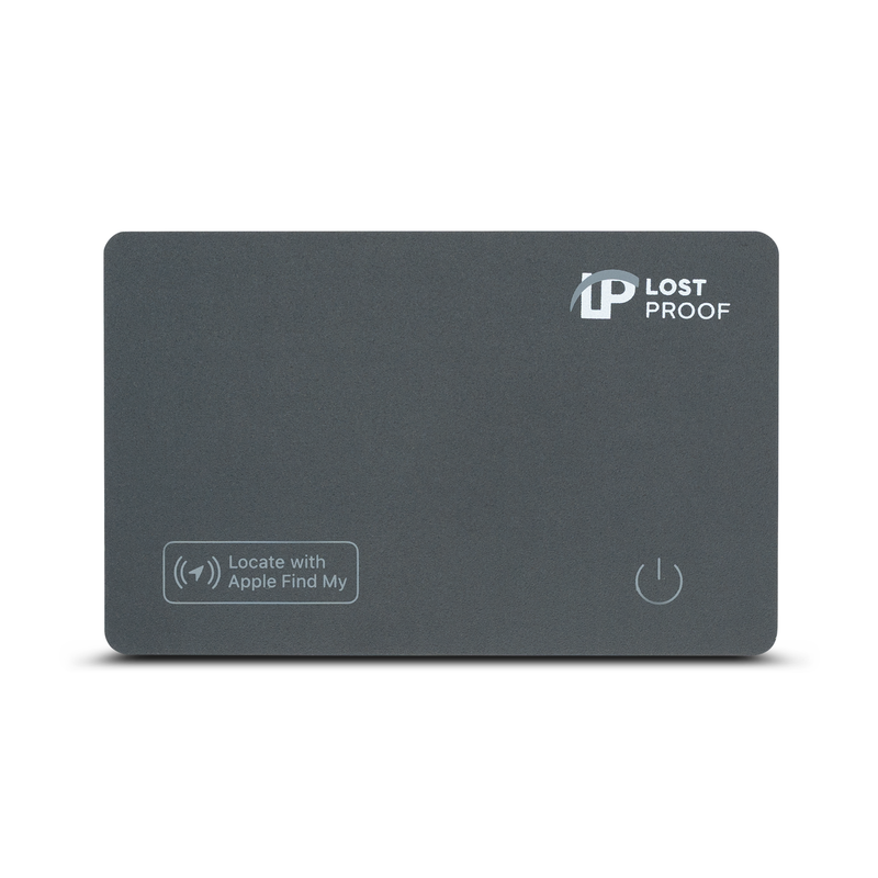 LostProof CardTrack – a slim, black GPS wallet tracker with Apple Find My compatibility. Features a power button and LostProof logo on the front.