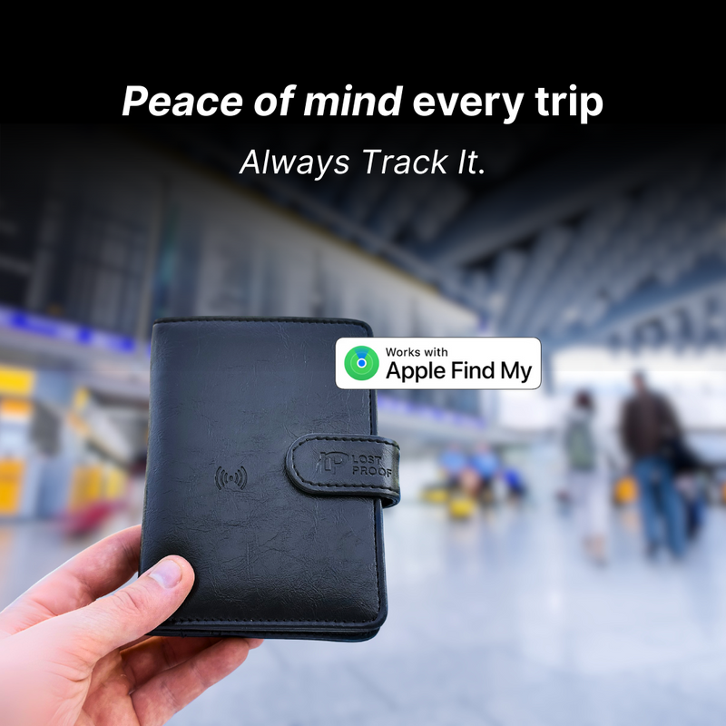 Black travel wallet held by a hand with text 'Peace of mind every trip. Always Track It.' and 'Works with Apple Find My' tag.