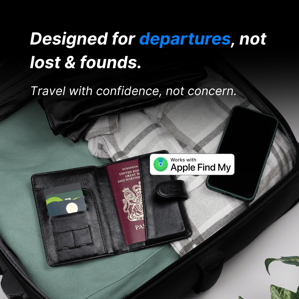 Trackable Travel wallet with passport inside and phone in an open suitcase, featuring Apple Find My logo.