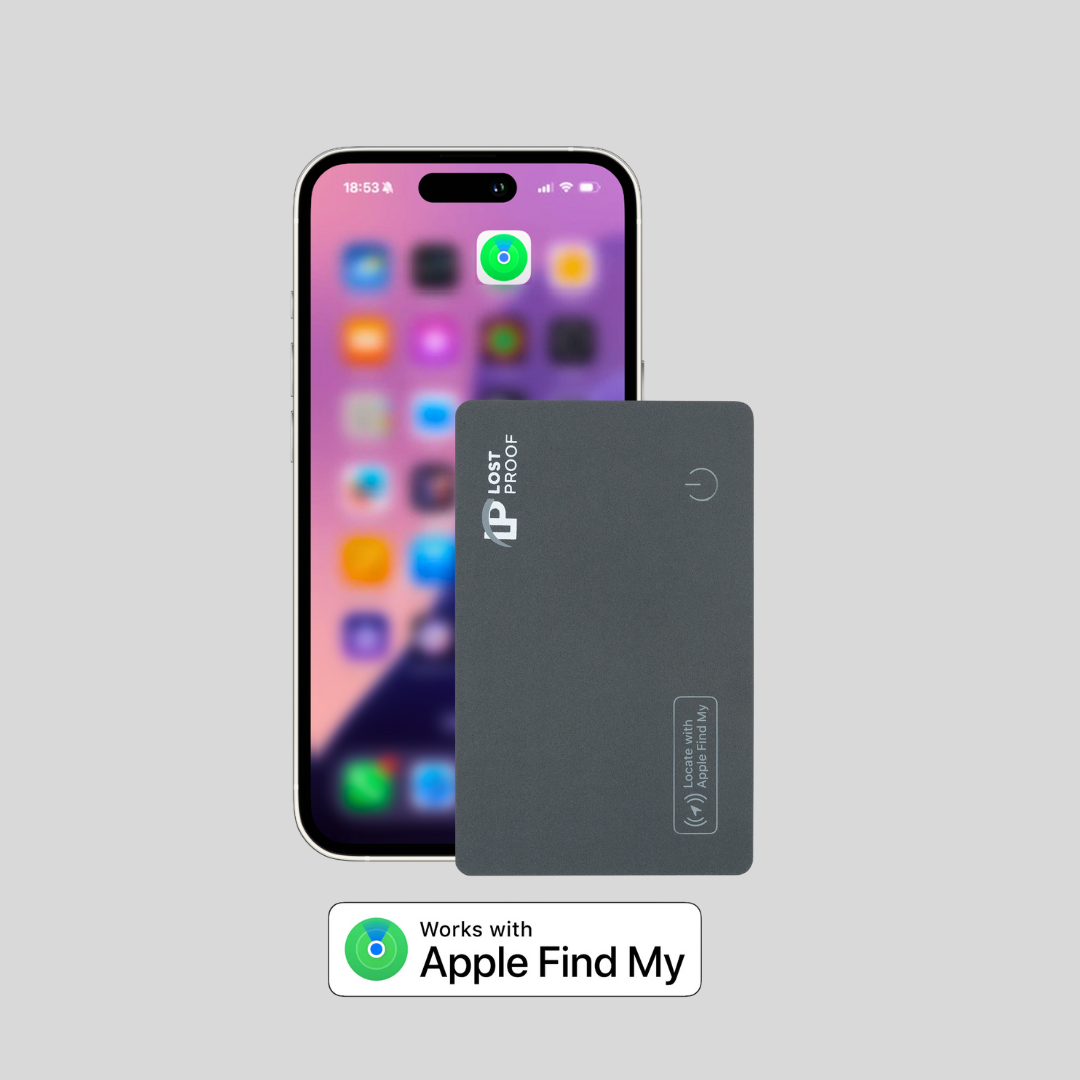 Smartphone with a black wallet finder card labeled 'LostProof' on a light grey background.