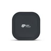 Front view of the LostProof CardCharge, a compact black wireless charger designed for charging credit card-sized GPS trackers. The charger features a sleek, rounded-square design with the LostProof logo displayed in white at the center.