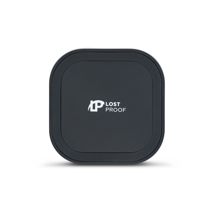 Front view of the LostProof CardCharge, a compact black wireless charger designed for charging credit card-sized GPS trackers. The charger features a sleek, rounded-square design with the LostProof logo displayed in white at the center.