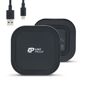 Front and back view of the LostProof CardCharge, a compact black wireless charger designed for credit card-sized GPS trackers. The front features the LostProof logo in white, while the back displays technical specifications. A USB to micro-USB charging cable is also shown, highlighting the charger's connectivity.