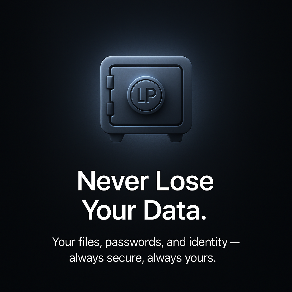 Safe icon with 'LP' logo and text 'Never Lose Your Data' on a dark background