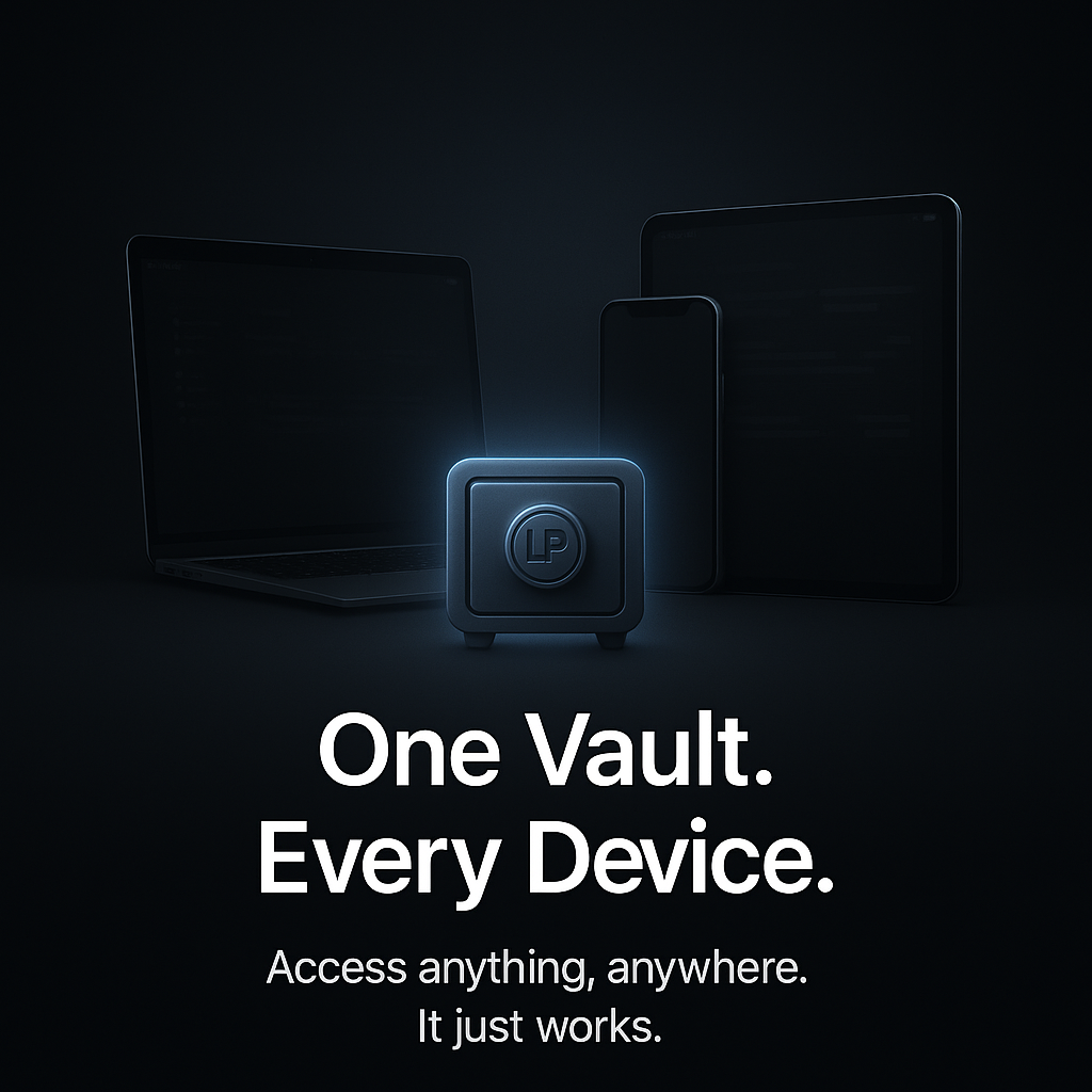 Dark-themed advertisement with 'One Vault. Every Device.' text and a device icon.