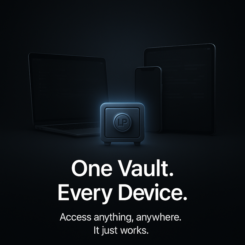 Dark-themed advertisement with 'One Vault. Every Device.' text and a device icon.