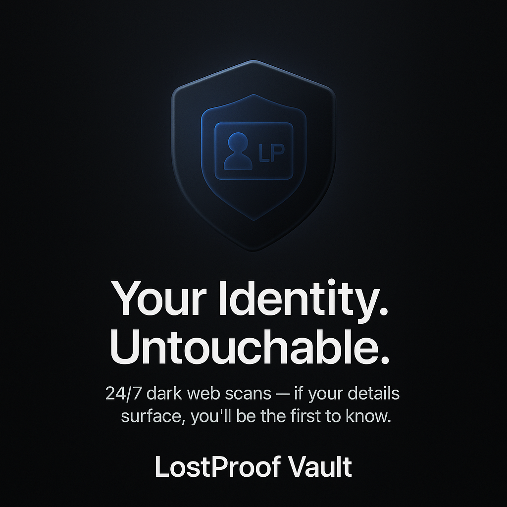LostProof Vault advertisement with a shield icon and text on a black background