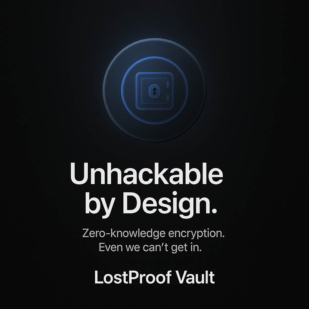 LostProof Vault logo with text on a black background