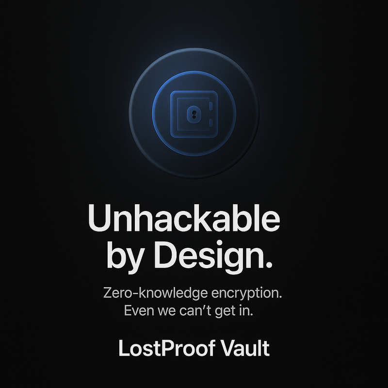 LostProof Vault logo with text on a black background