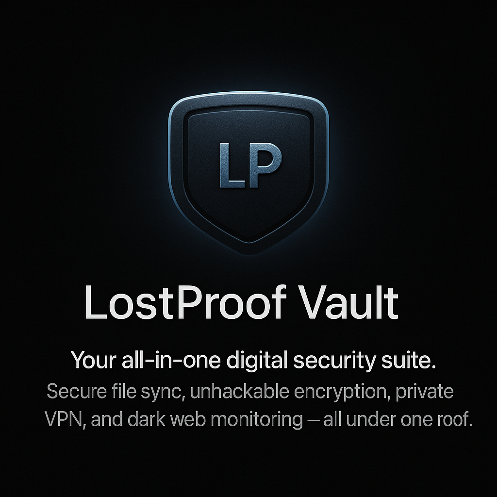 LostProof Vault logo with text on a black background