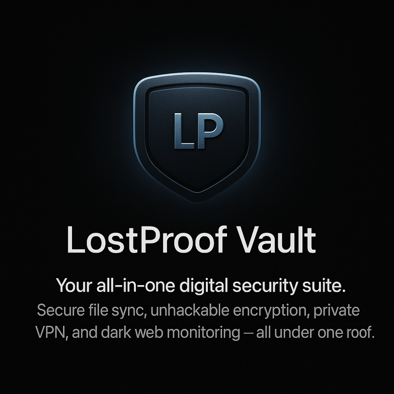 LostProof Vault logo with text on a black background