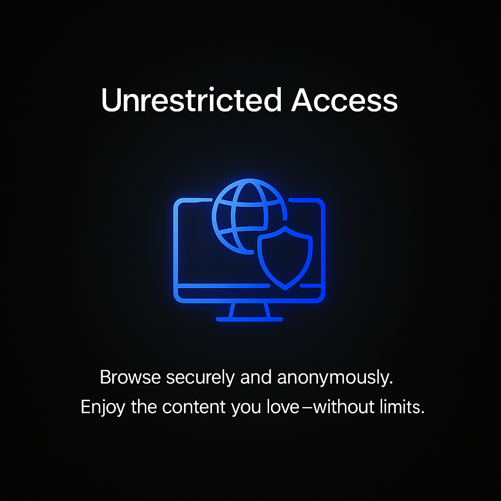 Advertisement for unrestricted access with a computer monitor icon on a black background