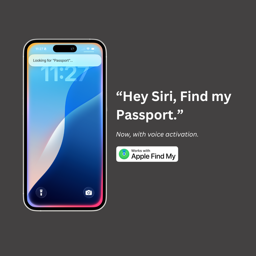 Smartphone with Siri query to find a passport on a dark background for LostProof CardPass passport holder.