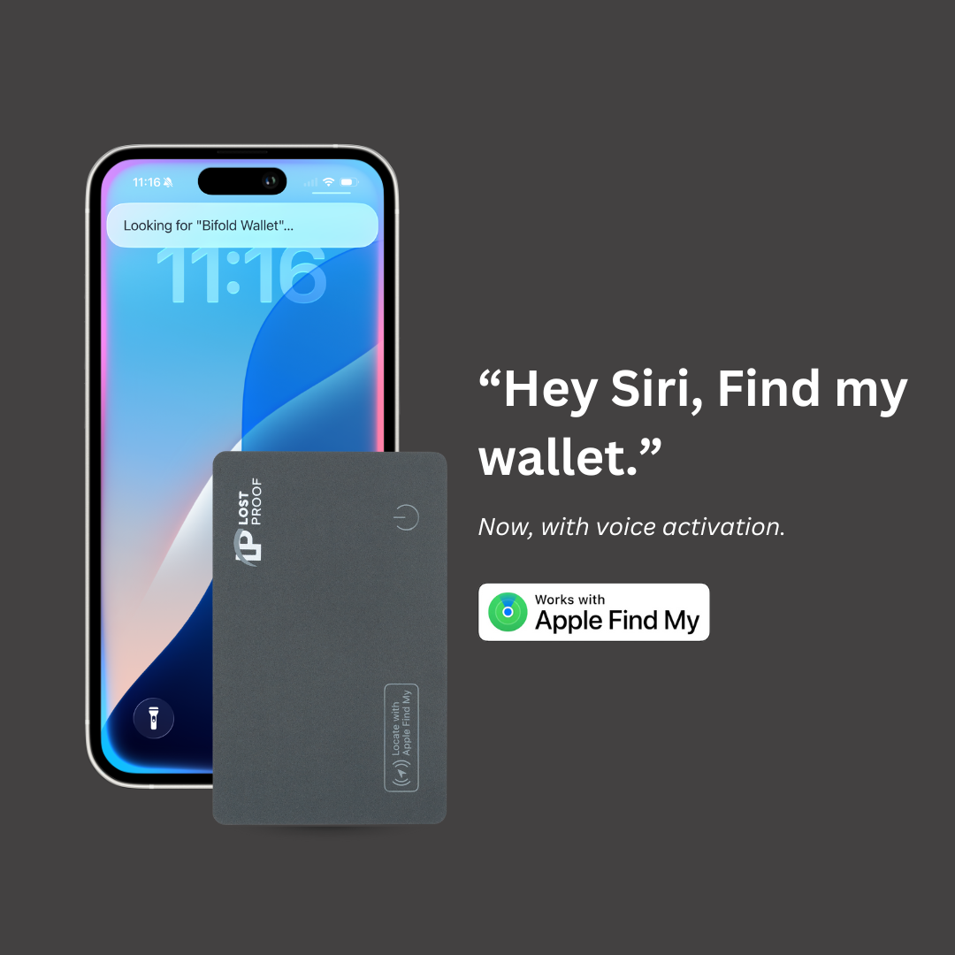 Smart wallet tracker with phone showing 'Hey Siri, Find my wallet' text on a dark background