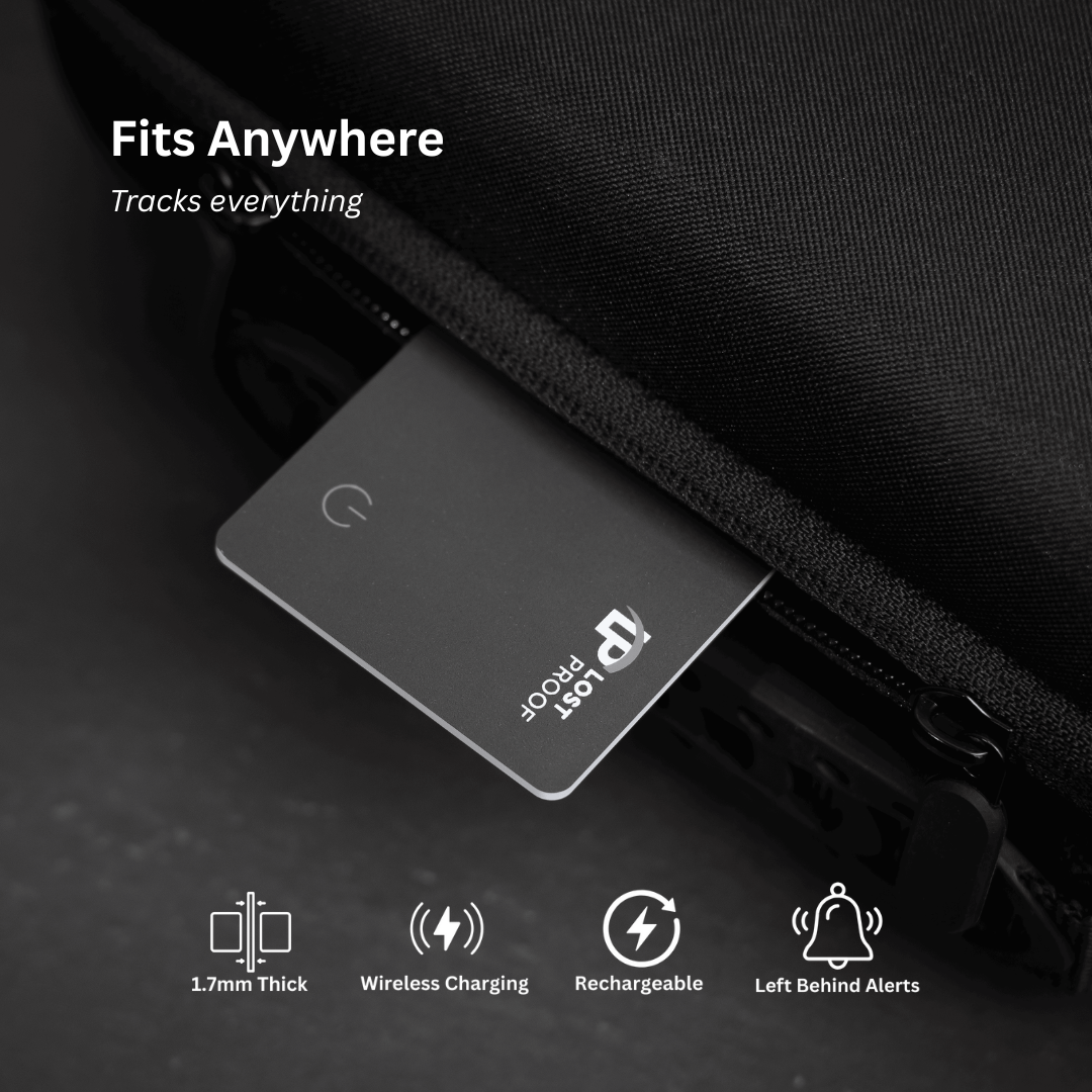 Small electronic tracking device with 'LostProof' branding attached to a black bag, featuring text and icons about product features.