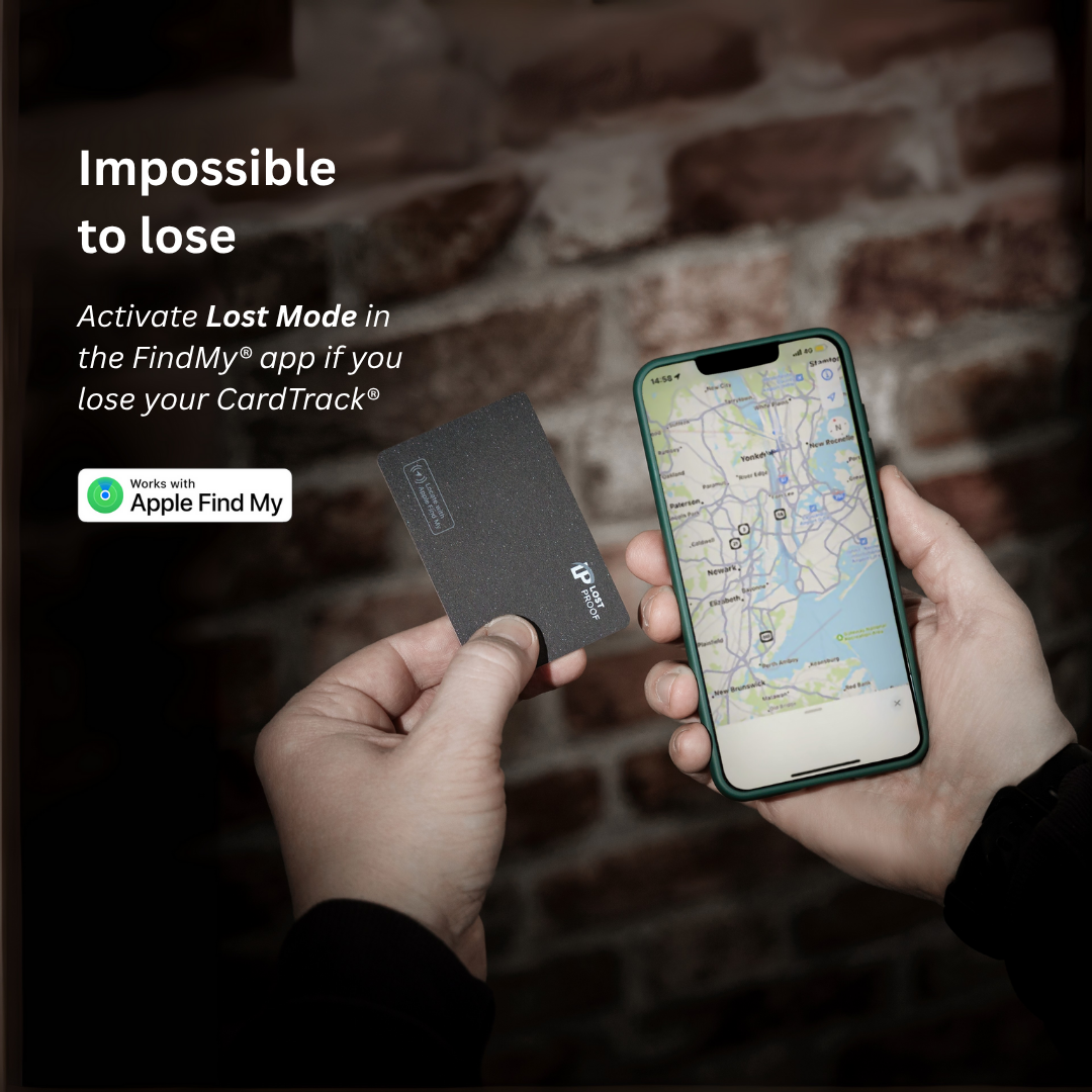 Person holding a phone with a map and a wallet tracker card, with text about FindMy app and CardTrack.