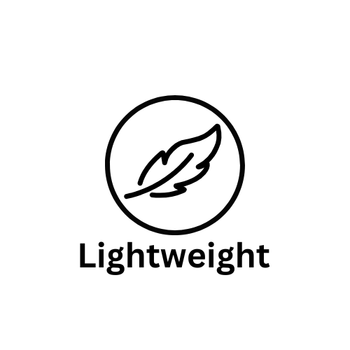 A black and white icon featuring a feather inside a circular border, symbolizing lightness. Below the icon, the text 'Lightweight' indicates that the product is designed to be easy to carry and minimal in weight.