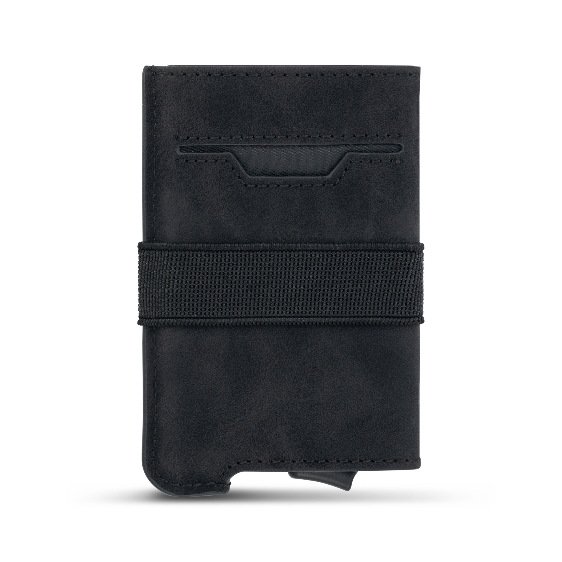 Back view of the LostProof CardHold Luxe – a premium black RFID-blocking wallet with a leather-textured finish. The wallet features a horizontal stitched card slot for quick access, an elastic strap for securing cash or additional cards, and a discreet quick-access card ejector mechanism at the bottom for added convenience.